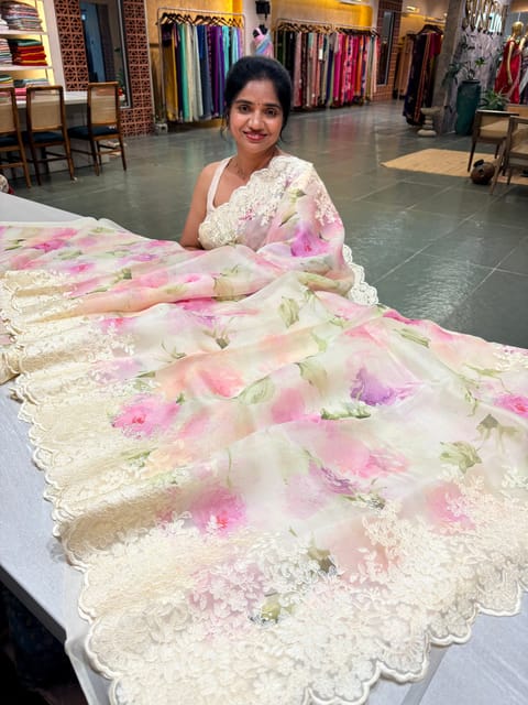 Ivory Pure Organza Floral Printed Saree with Chantilly Lace Style Embroidery
