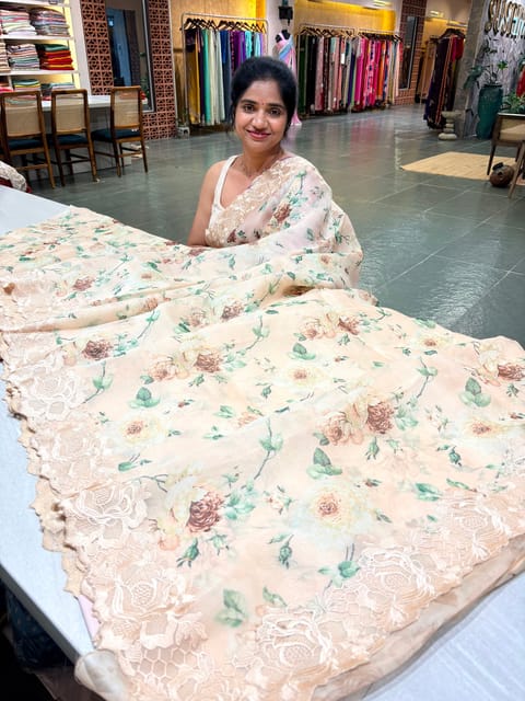 Nude Brown Pure Organza Floral Printed Saree with Chantilly Lace Style Embroidery