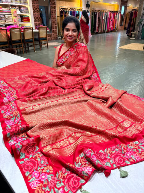 Red Designer Mysore Silk Saree with Petite Point Embroidered Border