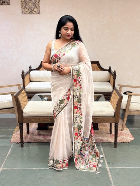 Silver Tissue Saree with Village Theme Embroidery