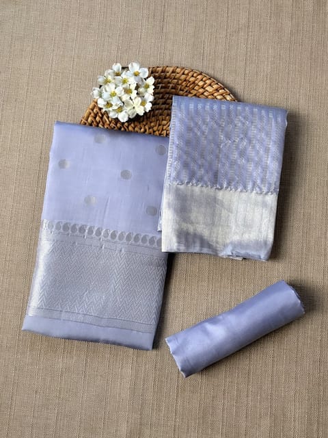 Dusty Bluish Lilac Kanjeevaram Silk 3-Piece Suit Set