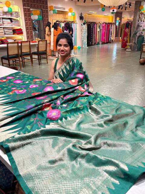 Emerald Green Kanchi Soft Drape Temple Border Saree with Allover Jamdani Inspired Embroidery