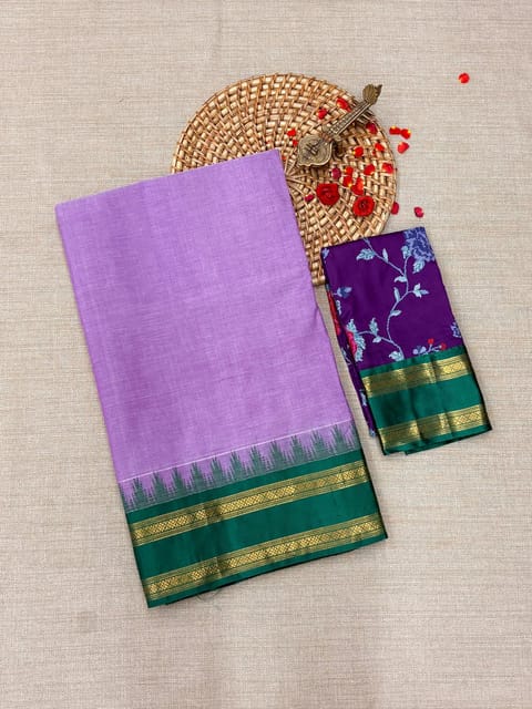 Lilac Ponduru Khadi Saree with Emerald Green Kanchi Style Silk Gap Borders