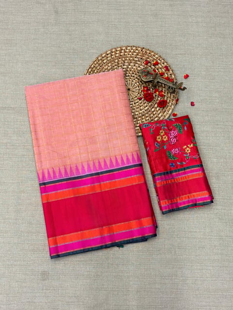 Peach Pink Checks Ponduru Khadi Saree with Multi Colour Kanchi Style Silk Borders