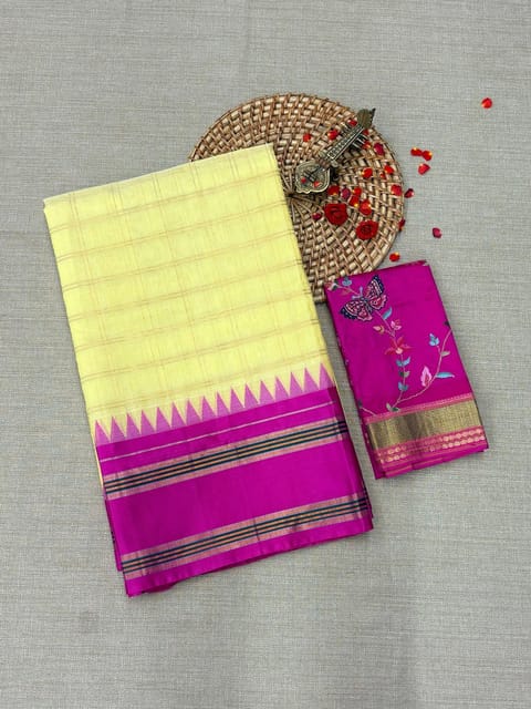 Pastel Yellow Checks Ponduru Khadi Saree with Multi Colour Kanchi Style Silk Borders