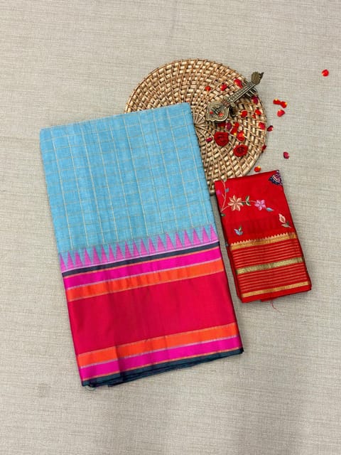 Blue Checks Ponduru Khadi Saree with Multi Colour Kanchi Style Silk Borders