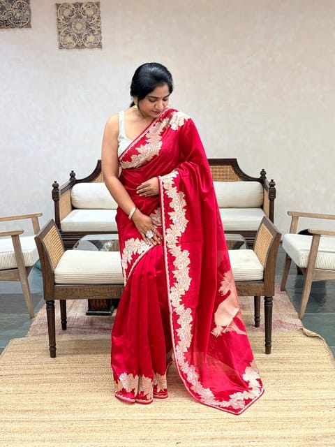 Red Habutai Silk Saree with Beautiful Embroidery and Handwoven Pallu