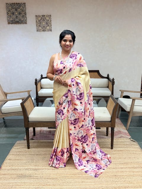 Beige Kanjeevaram Brocade Saree with Floral Printed Broder