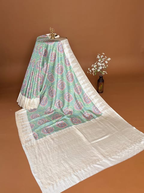 Mint Green Designer 3d Style Printed Kanjeevaram Soft Silk Saree with Temple Weaving Border