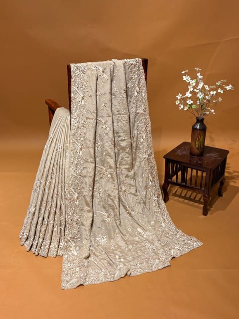 Earthy Tone Shimmer Chiffon Saree with Allover Parsi Gara Embroidery