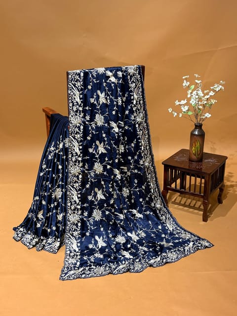 Midnight Blue Chinnon Satin Saree with Allover Parsi Gara Embroidery
