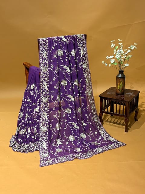 Purple Chiffon Saree with Allover Parsi Gara Embroidery