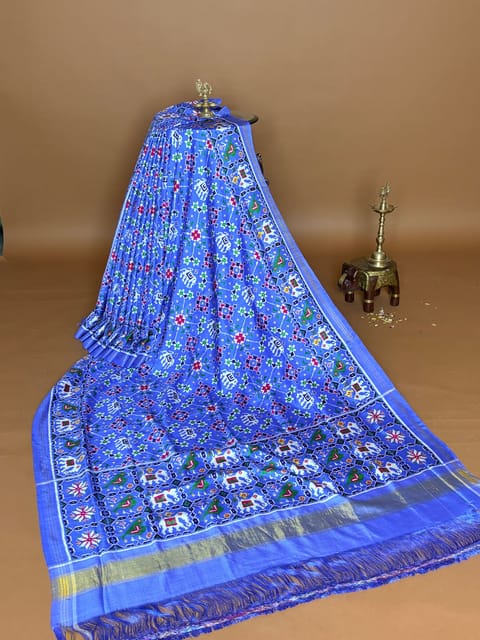 Cornflower Blue Double Ikkath Navratan Design Saree