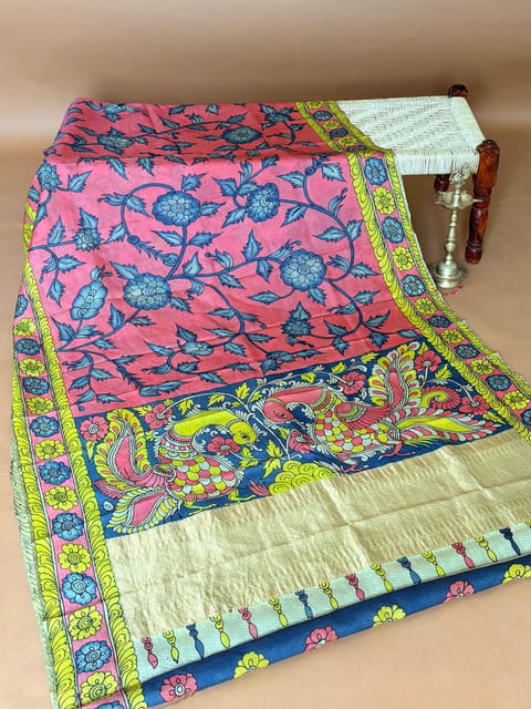 Kora Kanjeevaram with Hand Drawn and Handpainted Kalamkari
