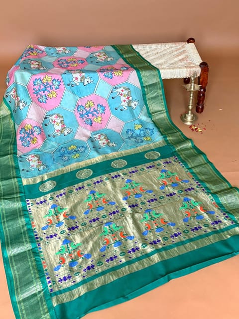 Paithani Saree with Hand Drawn and Handpainted Kalamkari