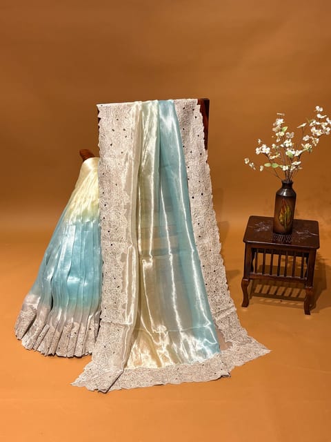 Ombre Dyed Pure Handloom Tissue Saree with Pure Tissue Rose Cutwork Border