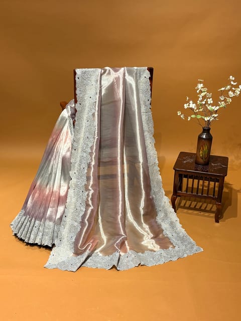 Ombre Dyed Pure Handloom Tissue Saree with Pure Tissue Rose Cutwork Border