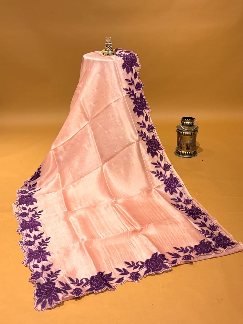 Peach pink pure organza saree with wine color floral applique cutwork rose border