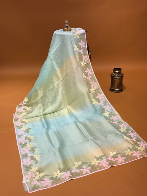 Pastel Blue & Yellow Ombre Dyed Pure Organza Saree with Floral Applique Work Border