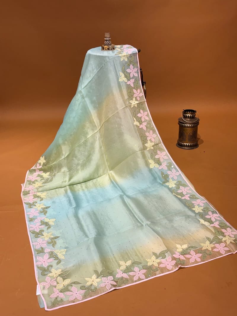Pastel Blue & yellow ombre dyed pure organza saree with floral applique work border