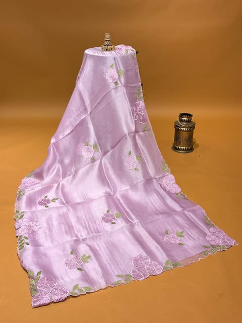 Lilac Pure Organza Saree with Floral Applique Flower Bunches