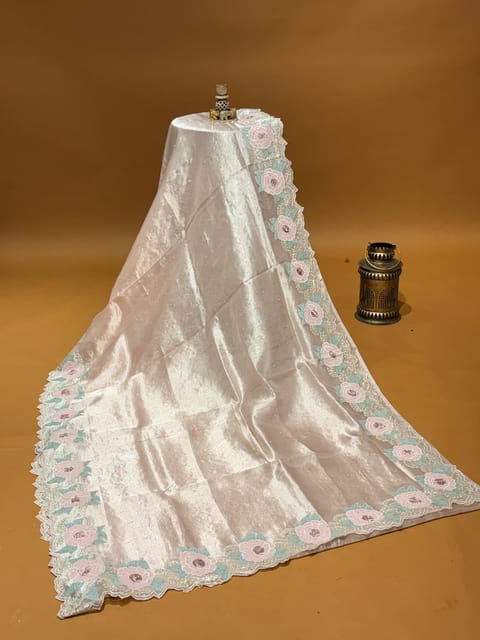 Nude Pink Designer Tissue Saree with Applique Floral Border
