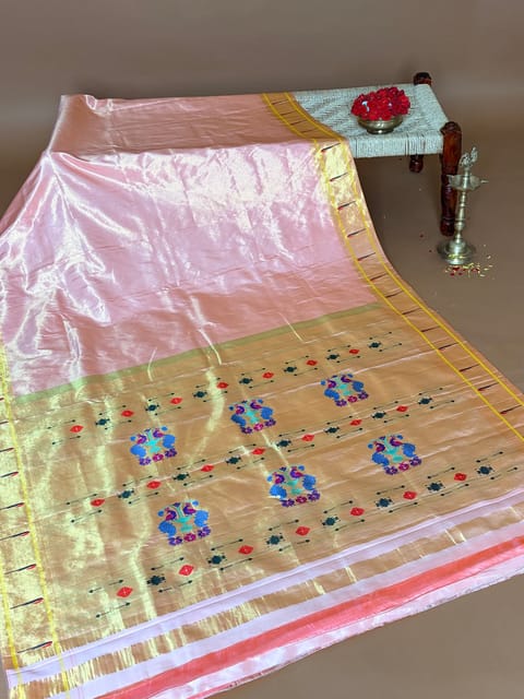 Peach Pink Gadwal Paithani Tissue Stripes Single Muniya Saree