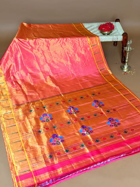 Coral Pink Gadwal Paithani Tissue Stripes Single Muniya Saree