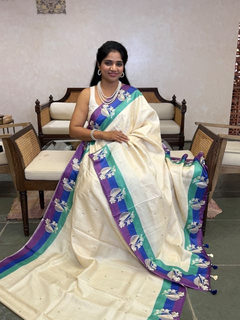 Ivory Pure Handloom Tussar Saree with Multi-Coloured Border and Paithani Inspired Embroidery
