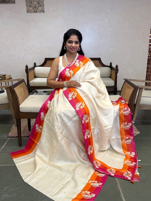 Ivory Pure Handloom Tussar Saree with Multi-Coloured Border and Paithani Inspired Embroidery