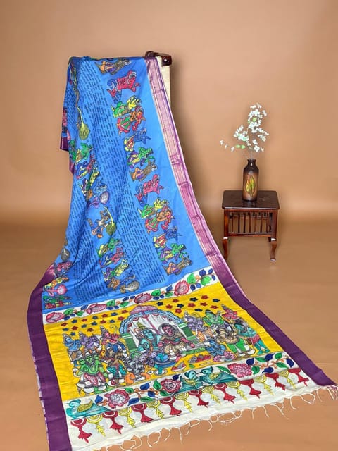 Cobalt Blue Pen Kalamkari Handloom Silk Cotton Saree
