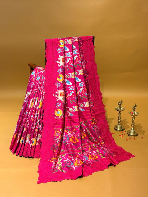 Rani Pink Ikkath Patola Fusion Saree Hemlined with Rose Cutwork Designer Border