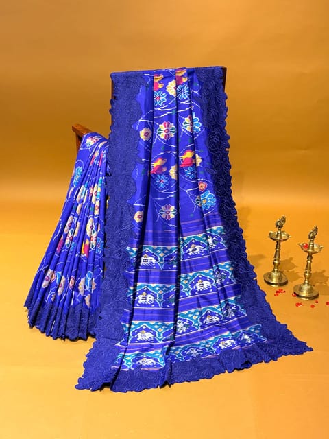 Electric Blue Ikkath Patola Fusion Saree Hemlined with Rose Cutwork Designer Border