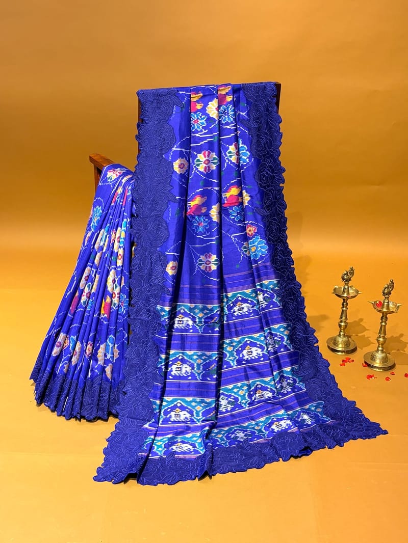 Electric Blue Ikkath Patola Fusion Saree Hemlined with Rose Cutwork Designer Border