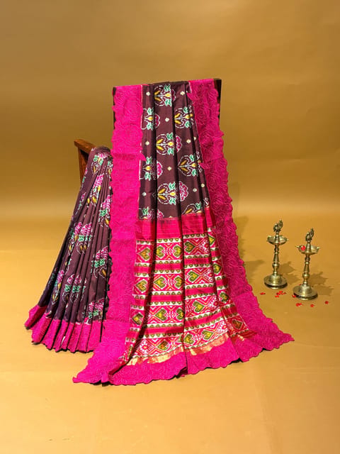Brown & Pink Combo Ikkath Patola Fusion Saree Hemlined with Rose Cutwork Designer Border
