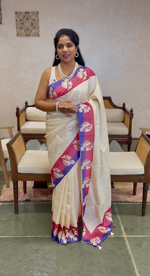 Ivory Pure Handloom Tussar Saree with Multi-Coloured Border and Paithani Inspired Embroidery