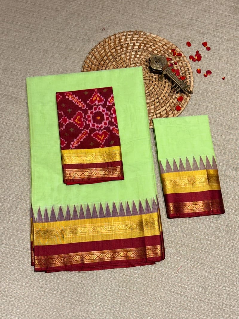Apple Green & Maroon Combo Ponduru Khadi Saree with Multi Colour Kanchi Style Silk Borders