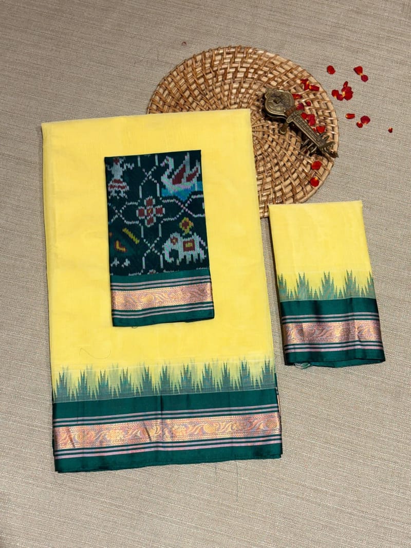 Pastel Yellow & Green Ponduru Khadi Saree with Multi Colour Kanchi Style Silk Woven Borders