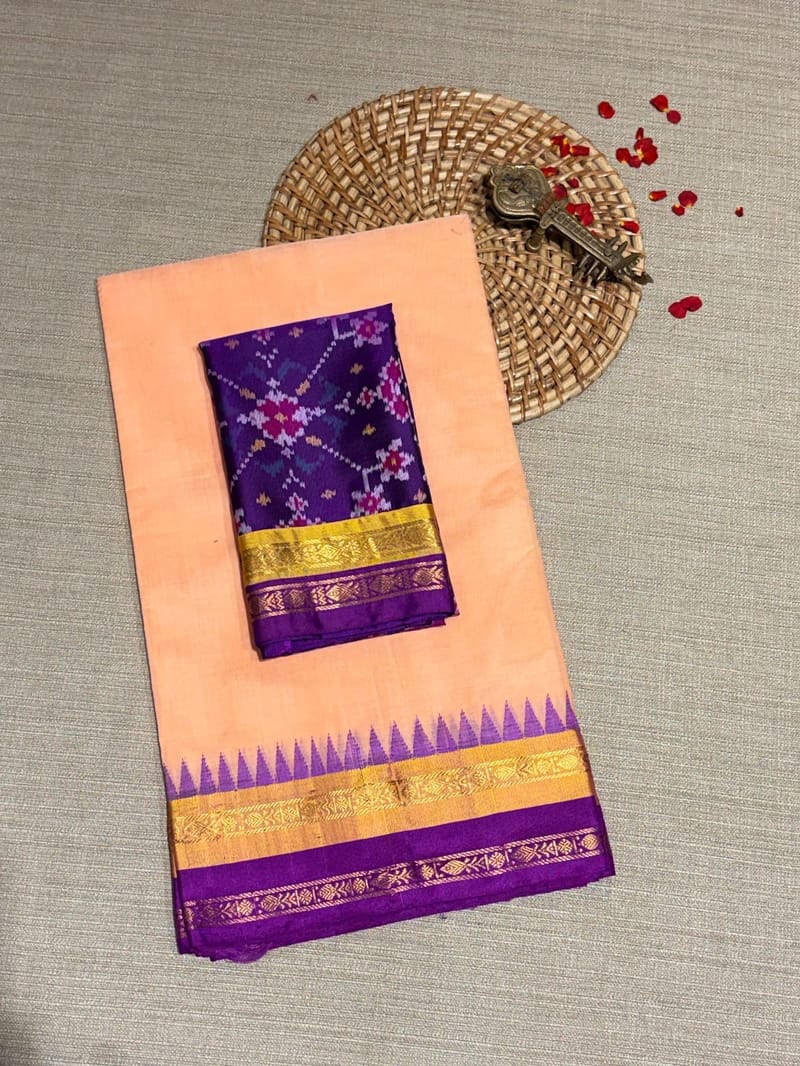 Peach & Purple Ponduru Khadi Saree with Multi Colour Kanchi Style Silk Woven Borders