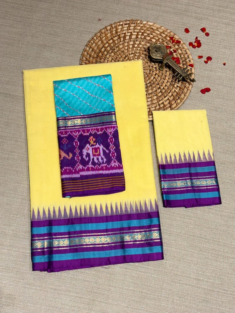 Besan Yellow Teal & Purple Ponduru Khadi Saree with Multi Colour Kanchi Style Silk Woven Borders
