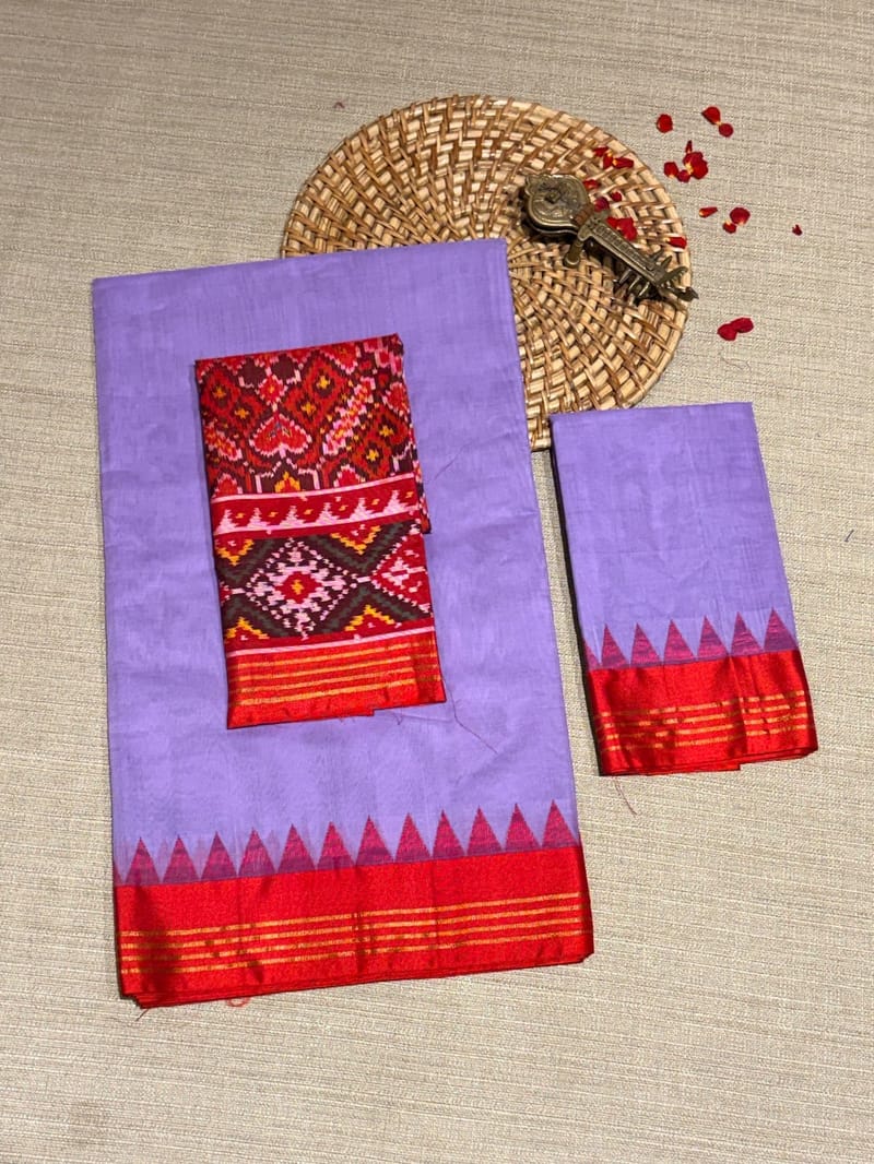 Dark Lavender & Orangish Red Ponduru Khadi Saree with Multi Colour Kanchi Style Silk Striped Borders
