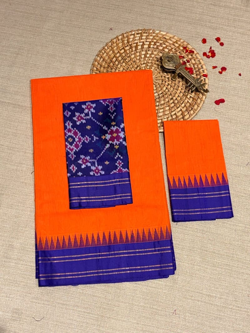 Orange & Blue Combo Ponduru Khadi Saree with Blue Silk Striped Gap Borders