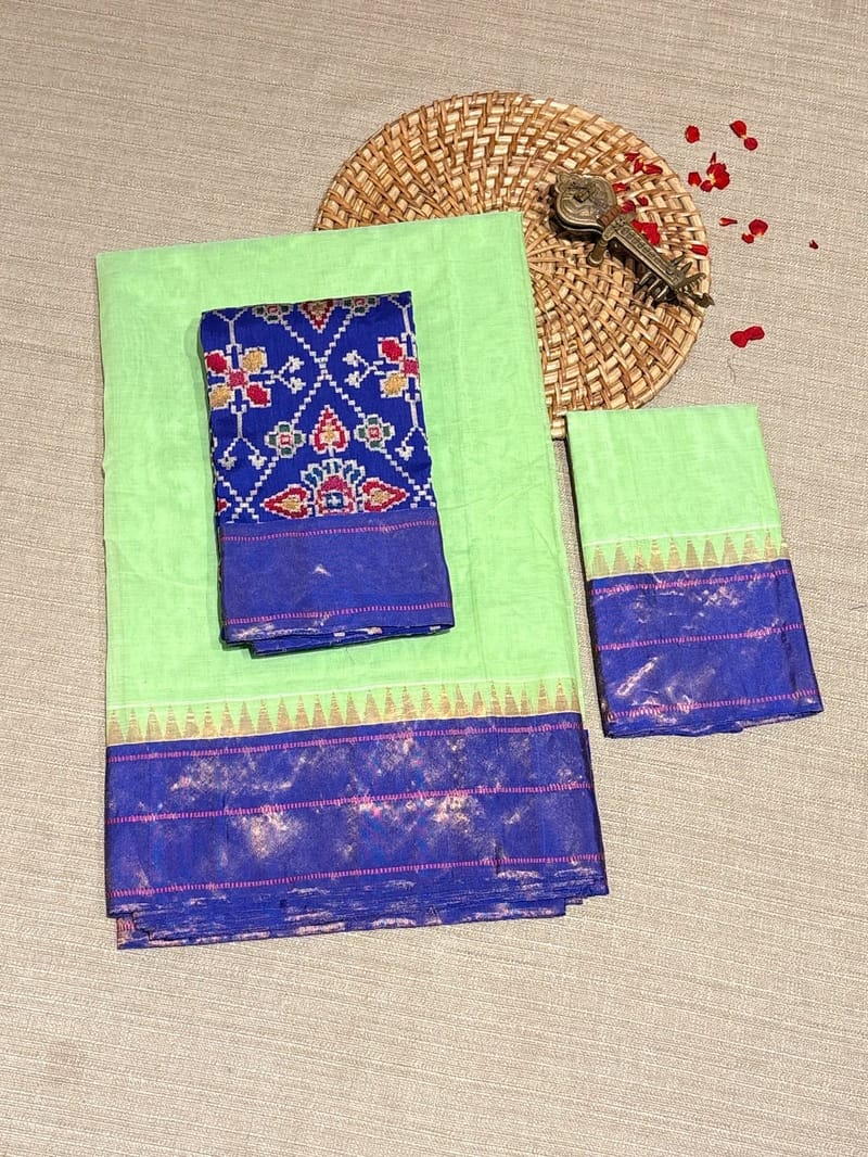 Sea Green Ponduru Khadi Saree with Paithani Style Blue Tissue Borders