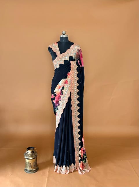 Black Crepe Silk Saree with Position Printing