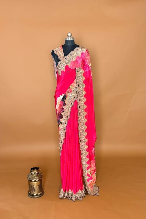 Reddish Pink Crepe Silk Saree with Position Printing
