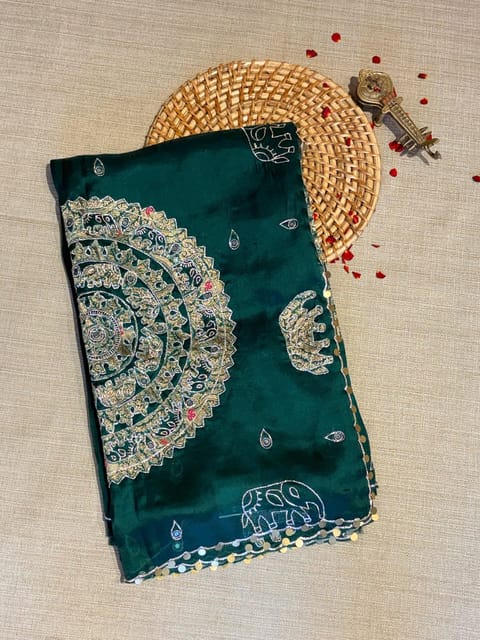 Emerald Green Designer Organza Saree with Stunning Applique Handwork