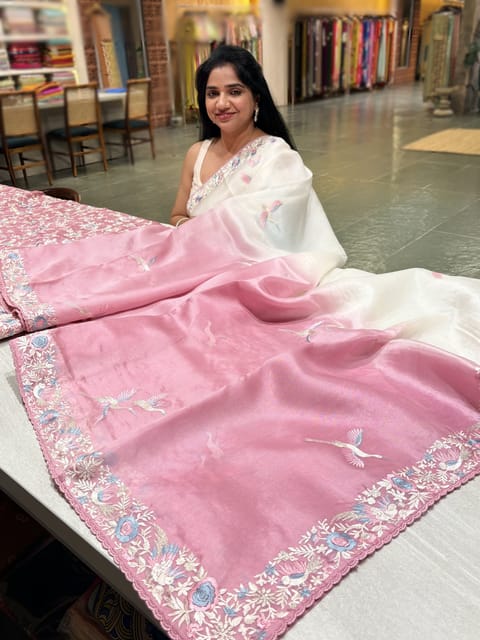 Half White and Dusty Pink Ombre Dyed Pure Organza Saree with Parsi Gara Style Embroidery