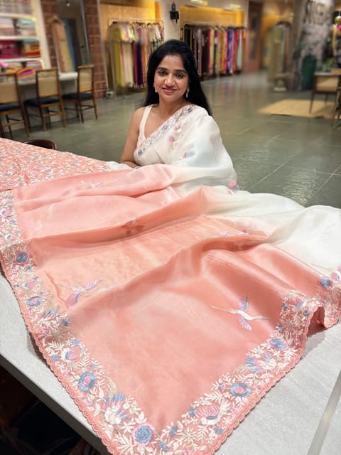 Half White and Peach Ombre Dyed Pure Organza Saree with Parsi Gara Style Embroidery