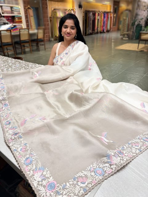 Half White and Earthy Tone Ombre Dyed Pure Organza Saree with Parsi Gara Style Embroidery