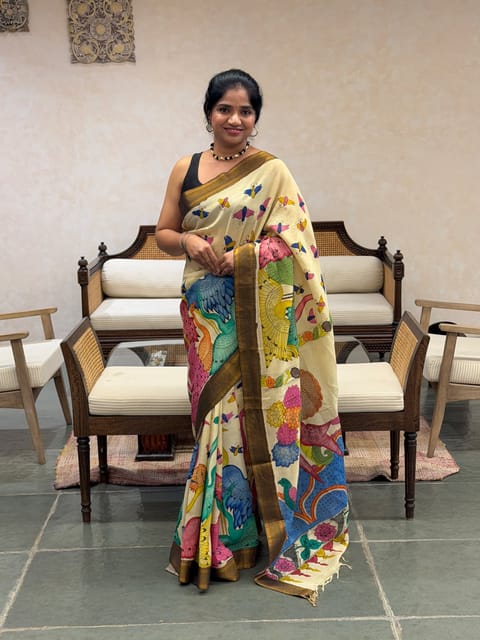 Ivory Pen Kalamkari Handloom Silk Cotton Saree